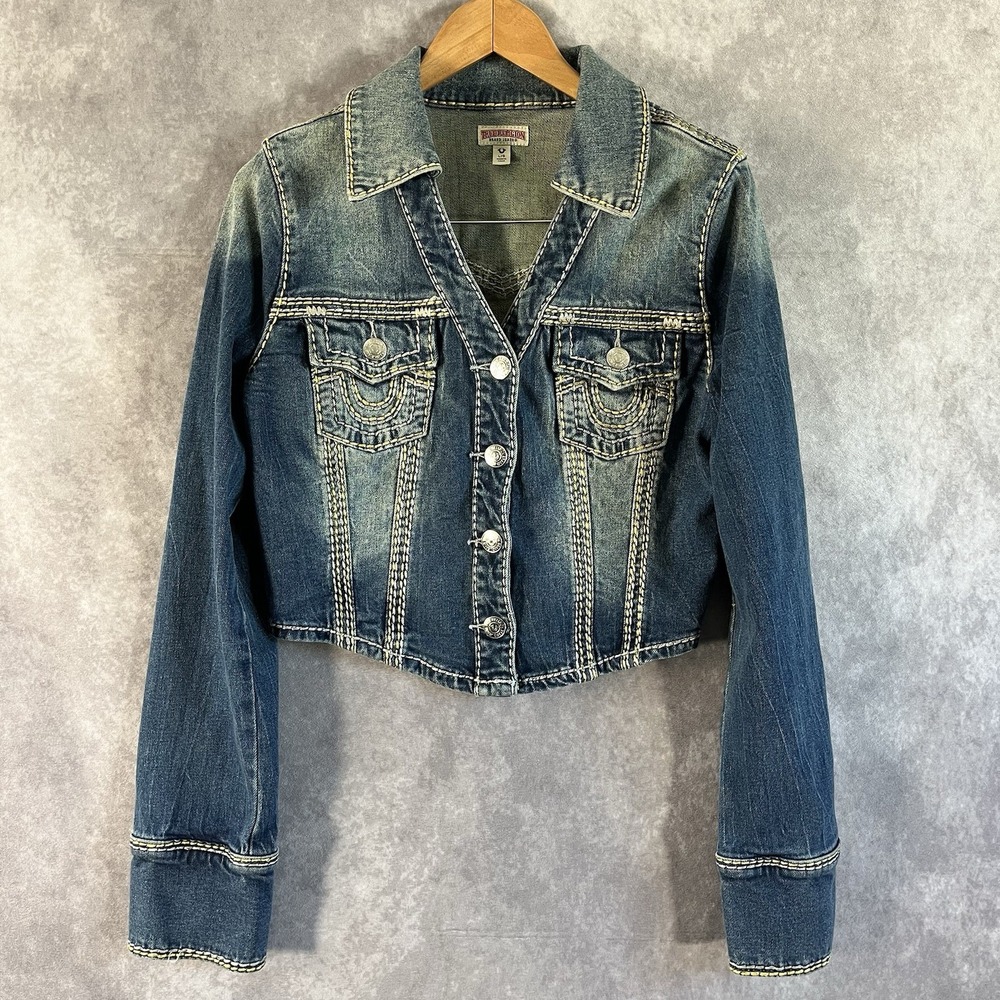 True Religion Denim Jacket Womens Large Blue Cropped Contrast Stitch Y2K